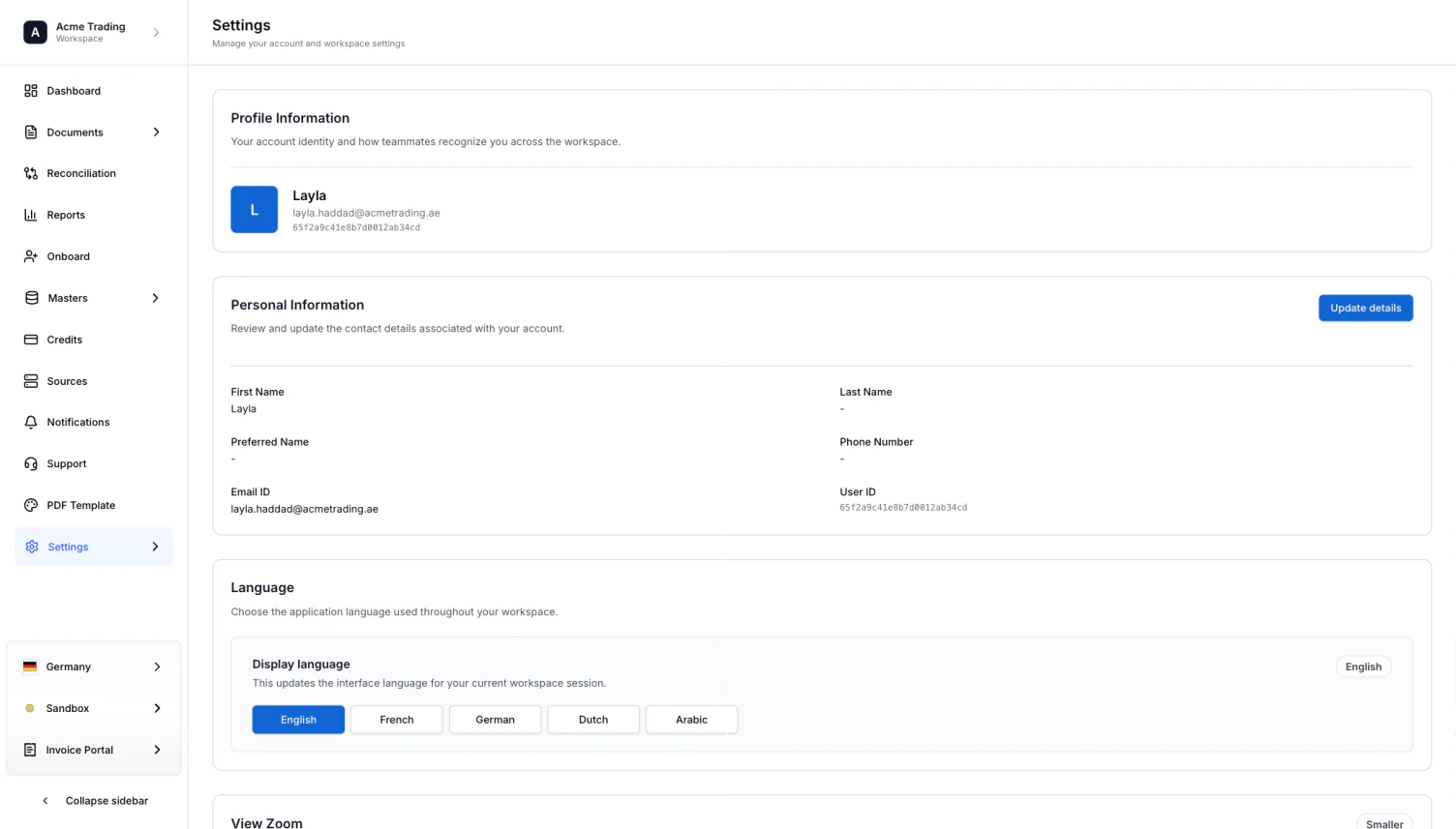 Account Settings. Profile Information shows the user's name, email and user ID. Personal Information lists First Name, Last Name, Preferred Name, Phone Number, Email ID and User ID, with an Update details button. Language options sit below.