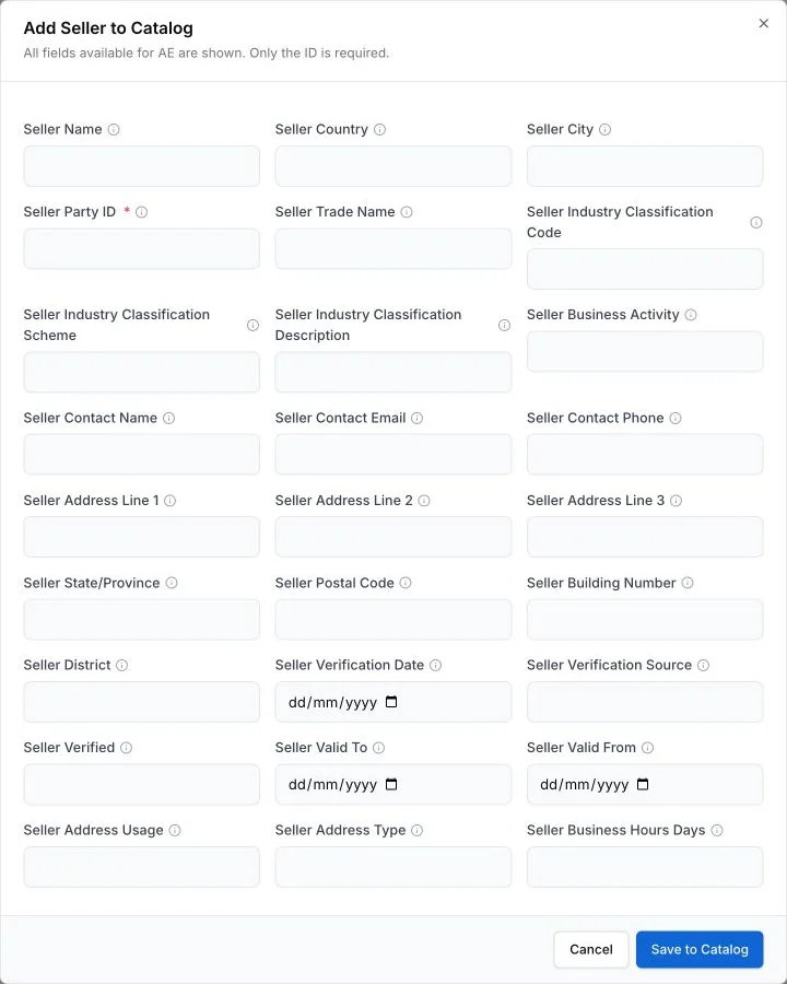 The Add Seller to Catalog dialog for the United Arab Emirates. Seller Party ID is marked as required, and the remaining seller and address fields are optional.