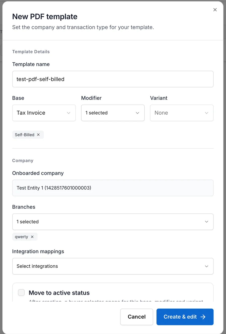 The branch-level New PDF template dialog with Tax Invoice as the Base, Self-Billed as a Modifier, the current company and branch selected, an integration mapping control and a Move to active status option.