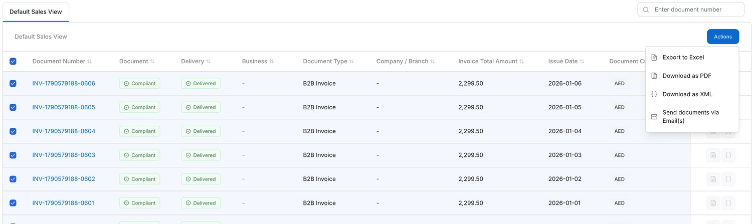 The Sales Documents table with multiple rows selected and the Actions menu open. The menu contains Export to Excel, Download as PDF, Download as XML and Send documents via Email(s).
