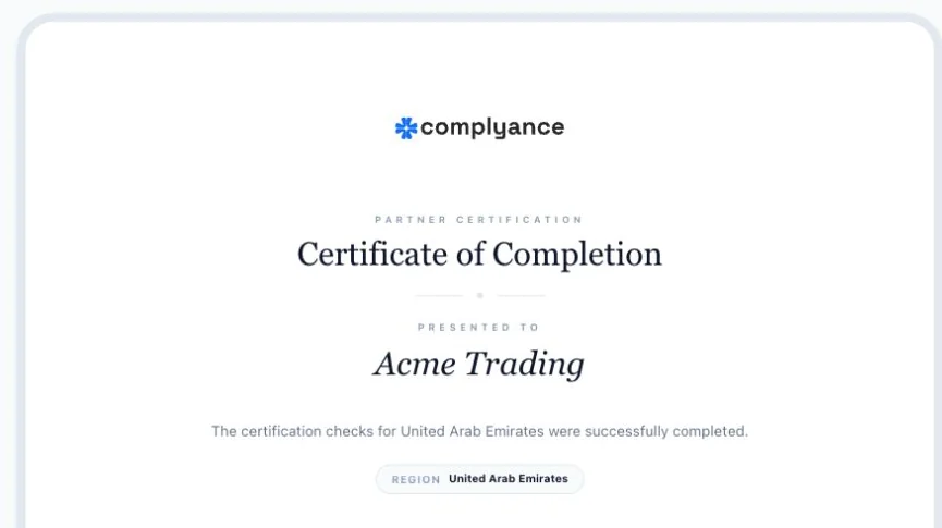 Certificate of Completion presented to the example Acme Trading workspace for United Arab Emirates certification.