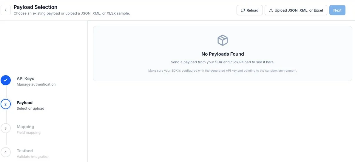 Certification Payload Selection step with API Keys complete, a JSON, XML or Excel upload button, and no payloads listed yet.