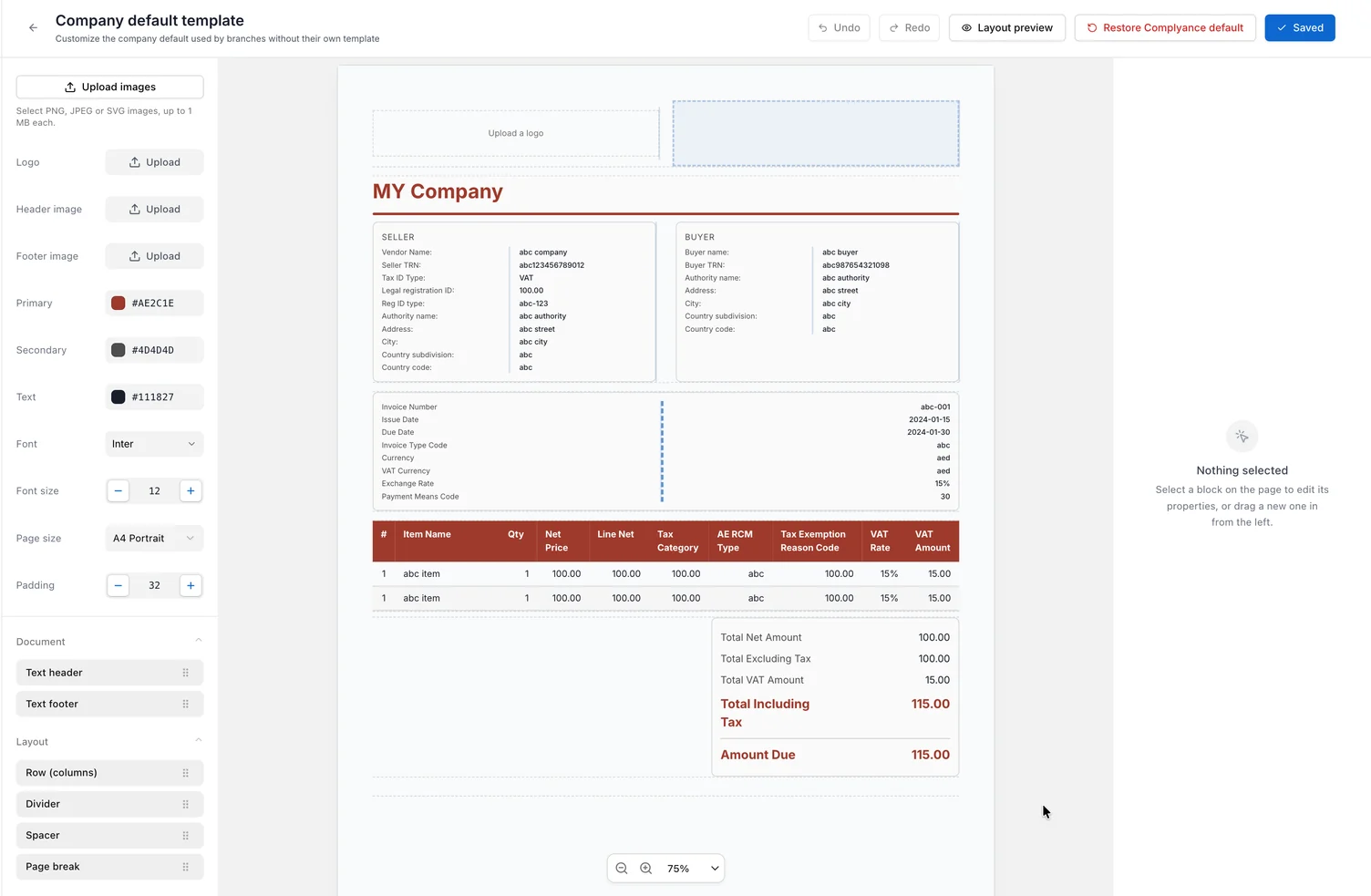 The Company default template editor with the invoice canvas in the centre, appearance and layout controls on the left, block properties on the right, and Layout preview, Restore Complyance default and Saved controls above the page.