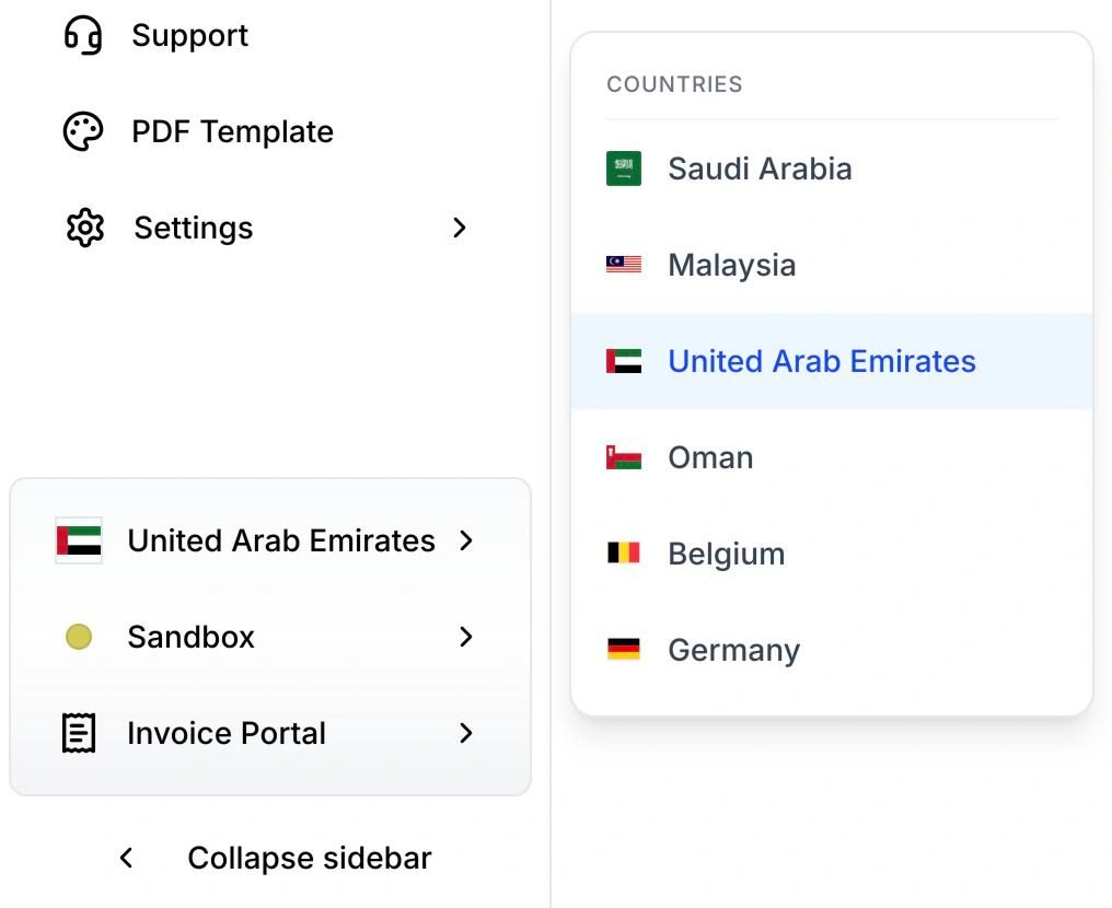 The COUNTRIES menu listing Saudi Arabia, Malaysia, United Arab Emirates (selected), Oman, Belgium and Germany.