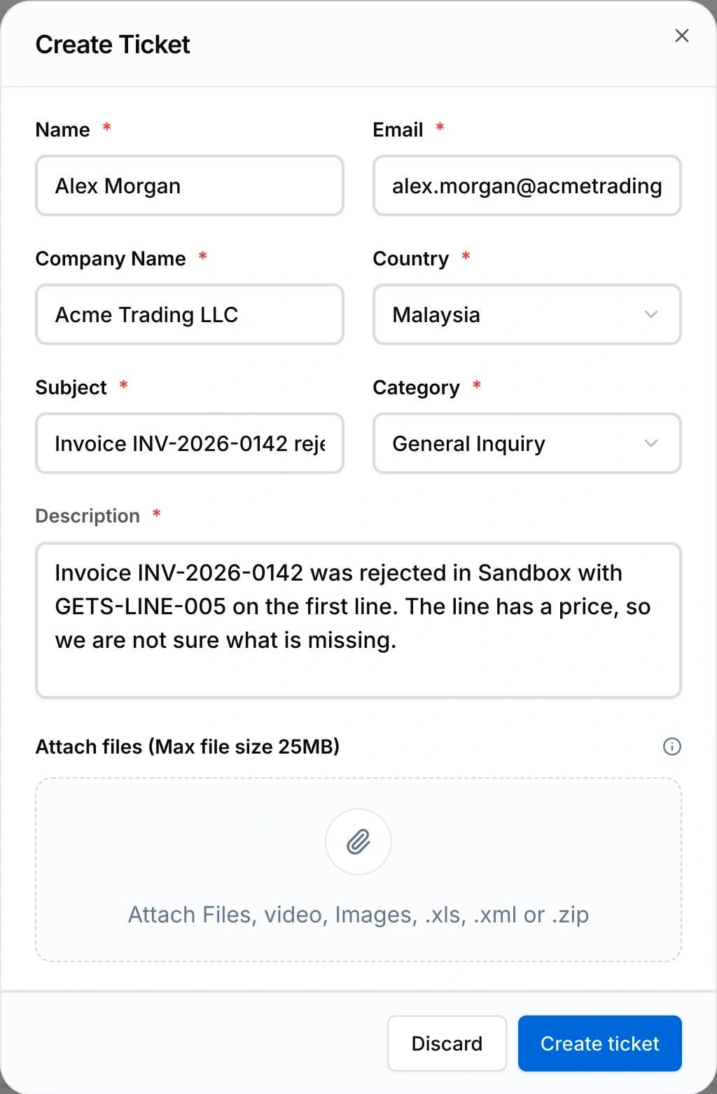 The Create Ticket window filled in for Acme Trading LLC: subject and description about invoice INV-2026-0142 rejected with GETS-LINE-005, with Discard and Create ticket buttons.