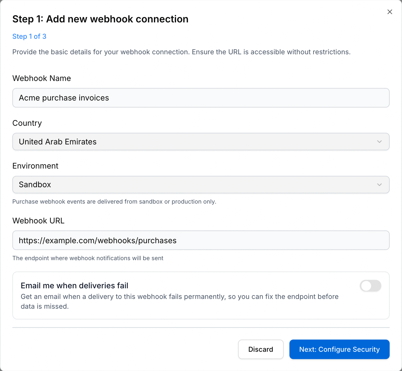 Webhook connection details with a sample name, UAE country, Sandbox environment and HTTPS URL.