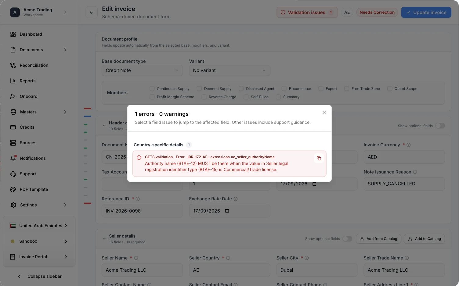 The Edit invoice screen for an Acme Trading credit note, with the Validation issues panel open above the document form and an Update invoice button in the header.