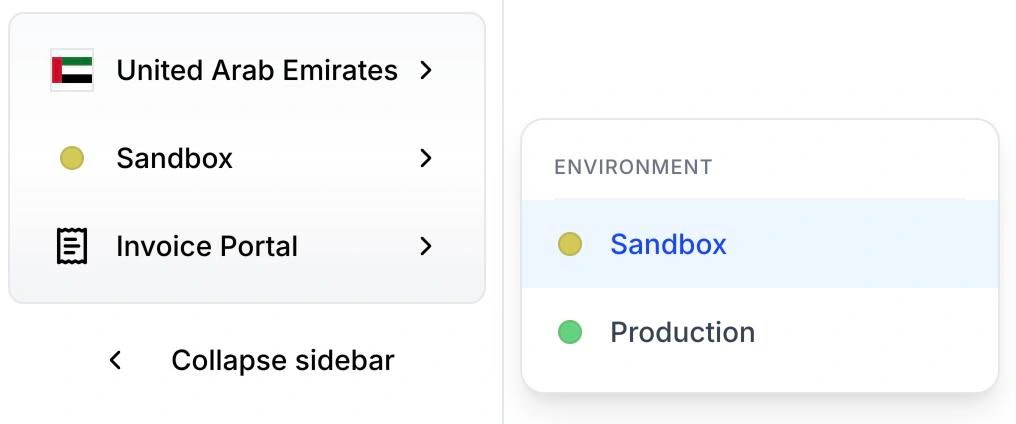 The ENVIRONMENT menu with Sandbox, marked by a yellow dot and selected, and Production, marked by a green dot.
