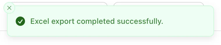 A success message says Excel export completed successfully.