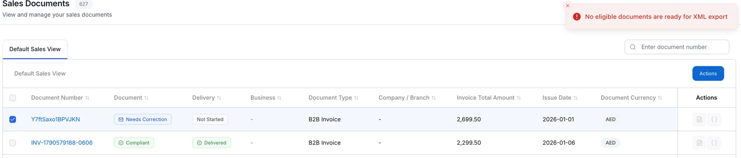 A Needs Correction document is selected in the Sales Documents table. An error says that no eligible documents are ready for XML export.