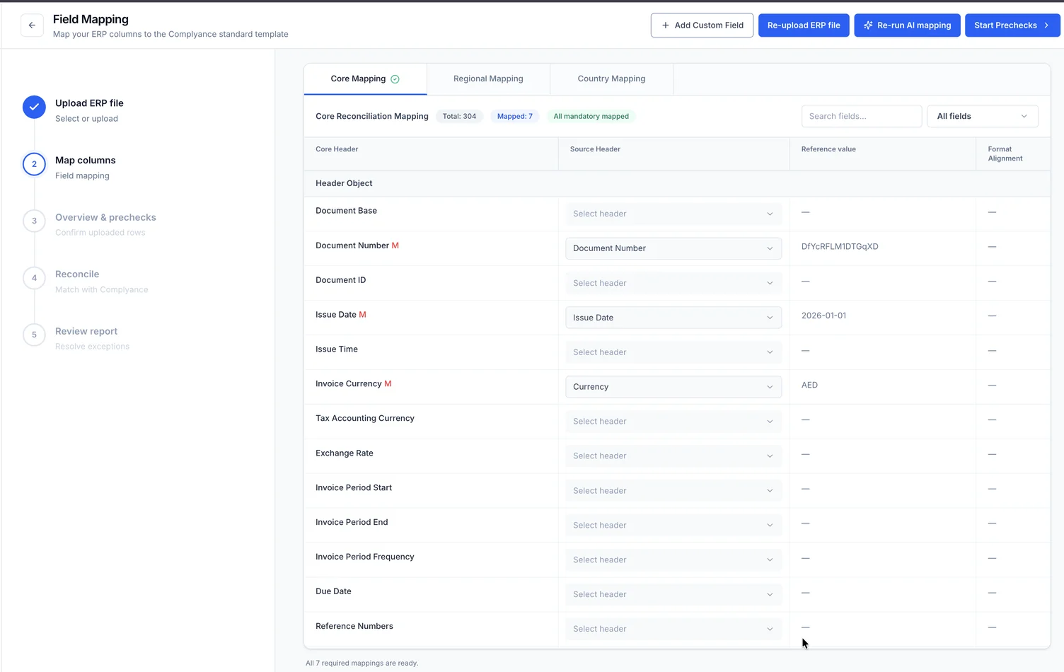 The Field Mapping step with Core Mapping selected. Seven fields are mapped and all mandatory fields are ready. The table shows Complyance headers, source headers and reference values, with Start Prechecks above it.