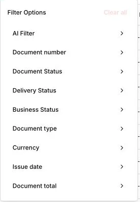 The Filter Options menu with AI Filter, Document number, Document Status, Delivery Status, Business Status, Document type, Currency, Issue date and Document total.