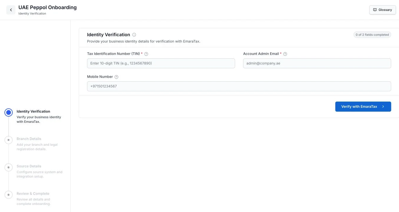 The UAE Peppol Onboarding flow on the Identity Verification step. It asks for a Tax Identification Number, account administrator email and optional mobile number before the Verify with EmaraTax button.