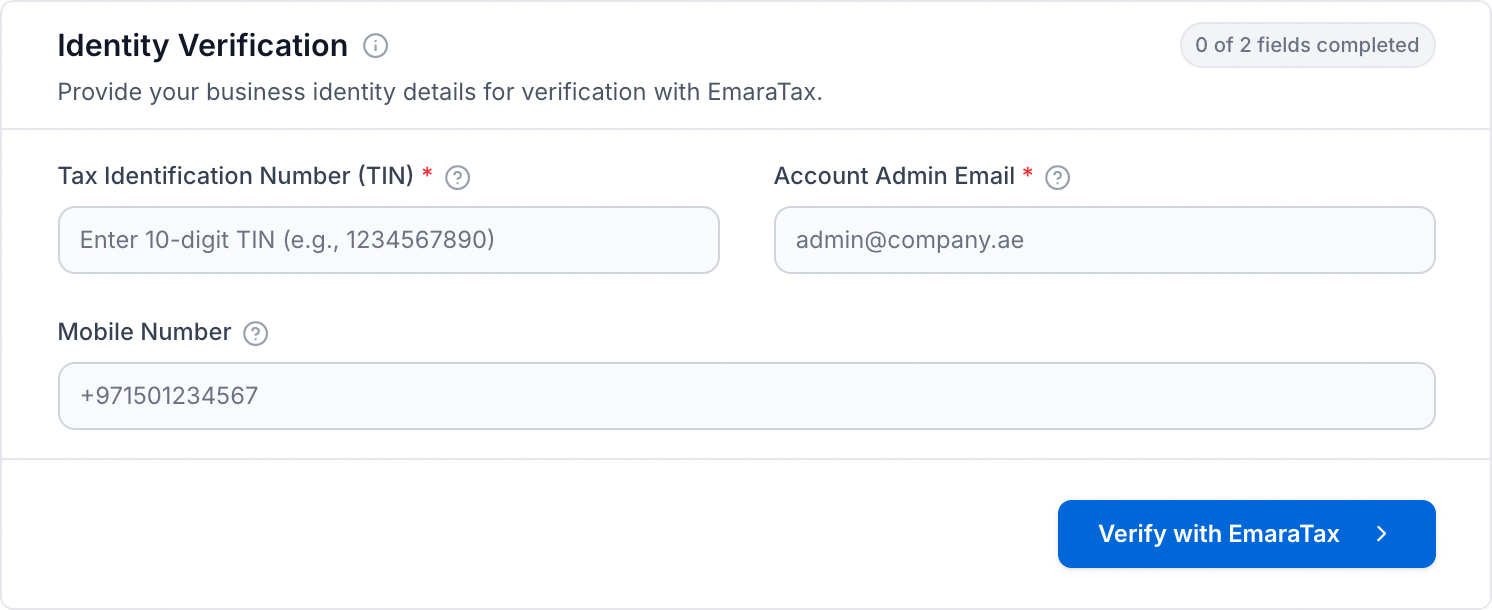 UAE identity verification form showing TIN, account admin email and optional mobile number.