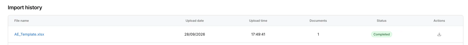 Import history shows a completed upload of AE_Template.xlsx with one document, a linked file name and a download action.