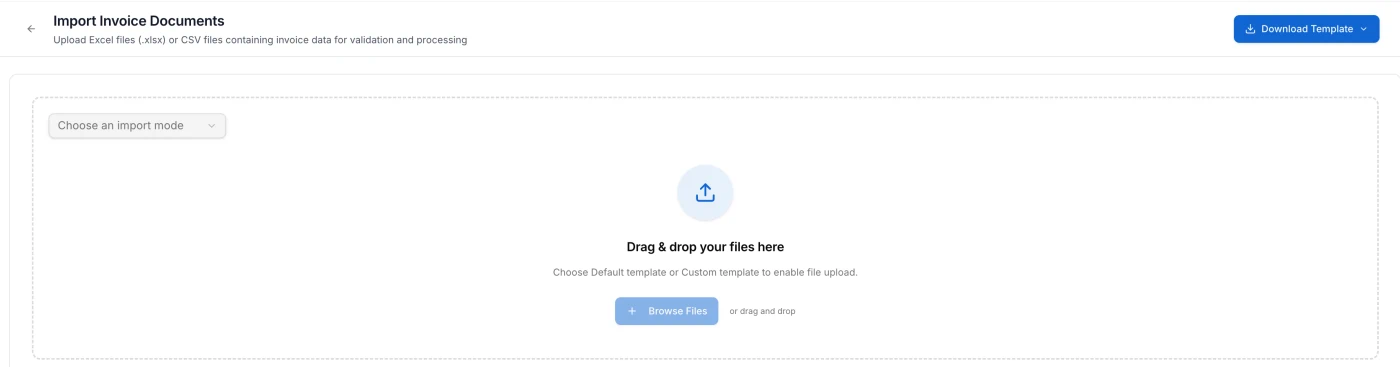 Import Invoice Documents with a menu to choose an import mode, a Download Template button and a file upload area.