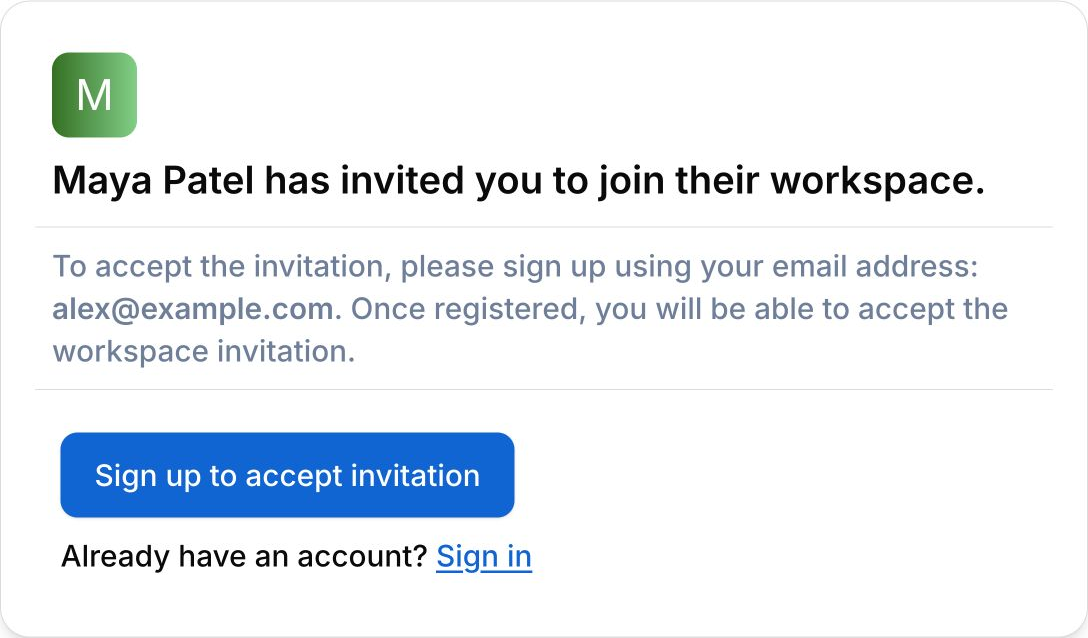 An invitation from Maya Patel for alex@example.com, with Sign up to accept invitation and Sign in options.