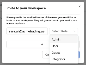 The Invite to your workspace dialog. An email address is entered and the role list is open, showing Admin, User, Guest and Integrator.