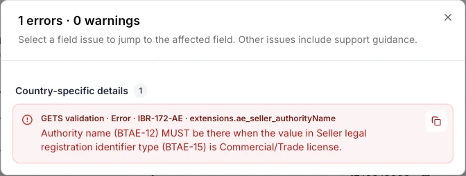 A validation issue for the Seller legal registration identifier type, with rule ID IBR-172-AE and a copy button.