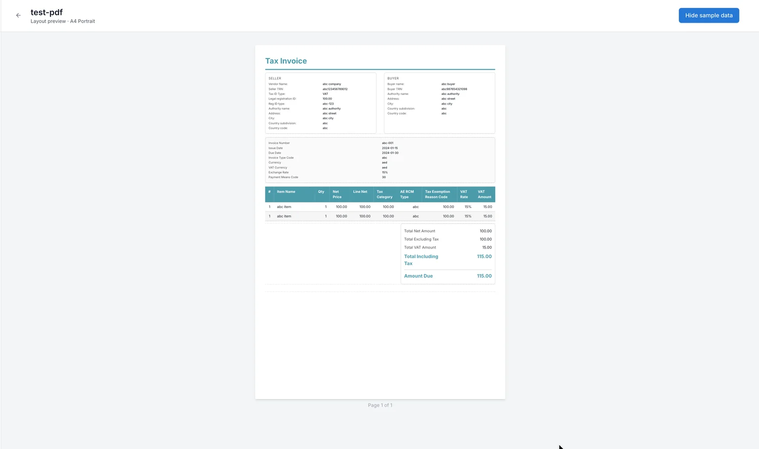 Layout preview for a Tax Invoice template. A complete A4 invoice with seller, buyer, invoice details, line items and totals appears centred on the page, with a Hide sample data button above it.