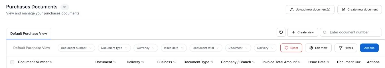 The Purchases Documents page with buttons to upload or create a document, the Default Purchase View, filters and the document table headings.