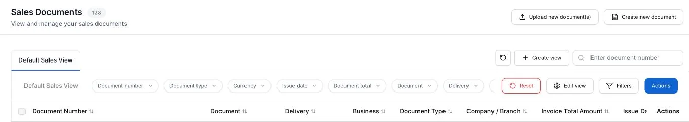 The Sales Documents heading, Create view and document-number search controls, quick filters, and table column headings.