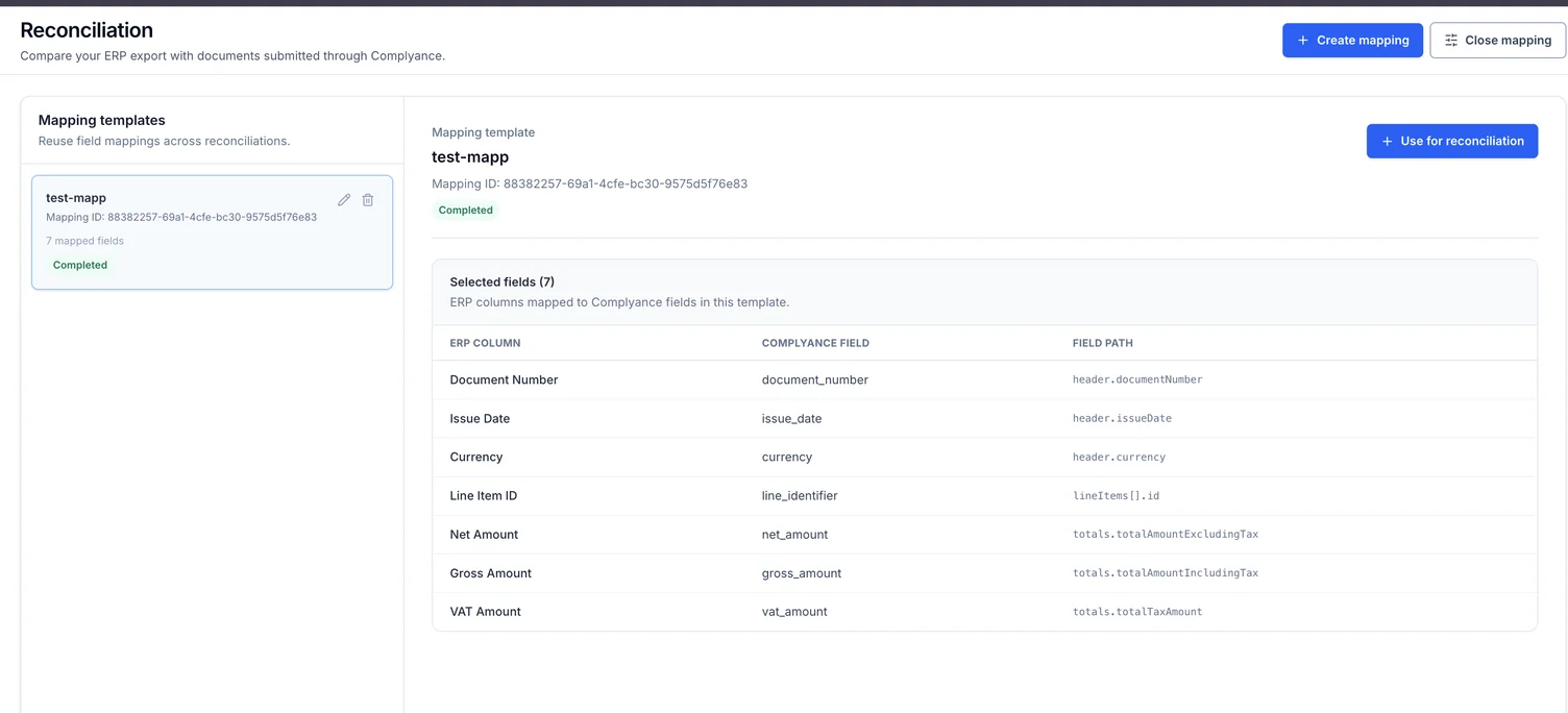 The Manage mapping page with a completed mapping named test-mapp selected. Seven ERP columns and their Complyance fields and field paths are listed, with controls to create a mapping or use the selected mapping for a reconciliation.
