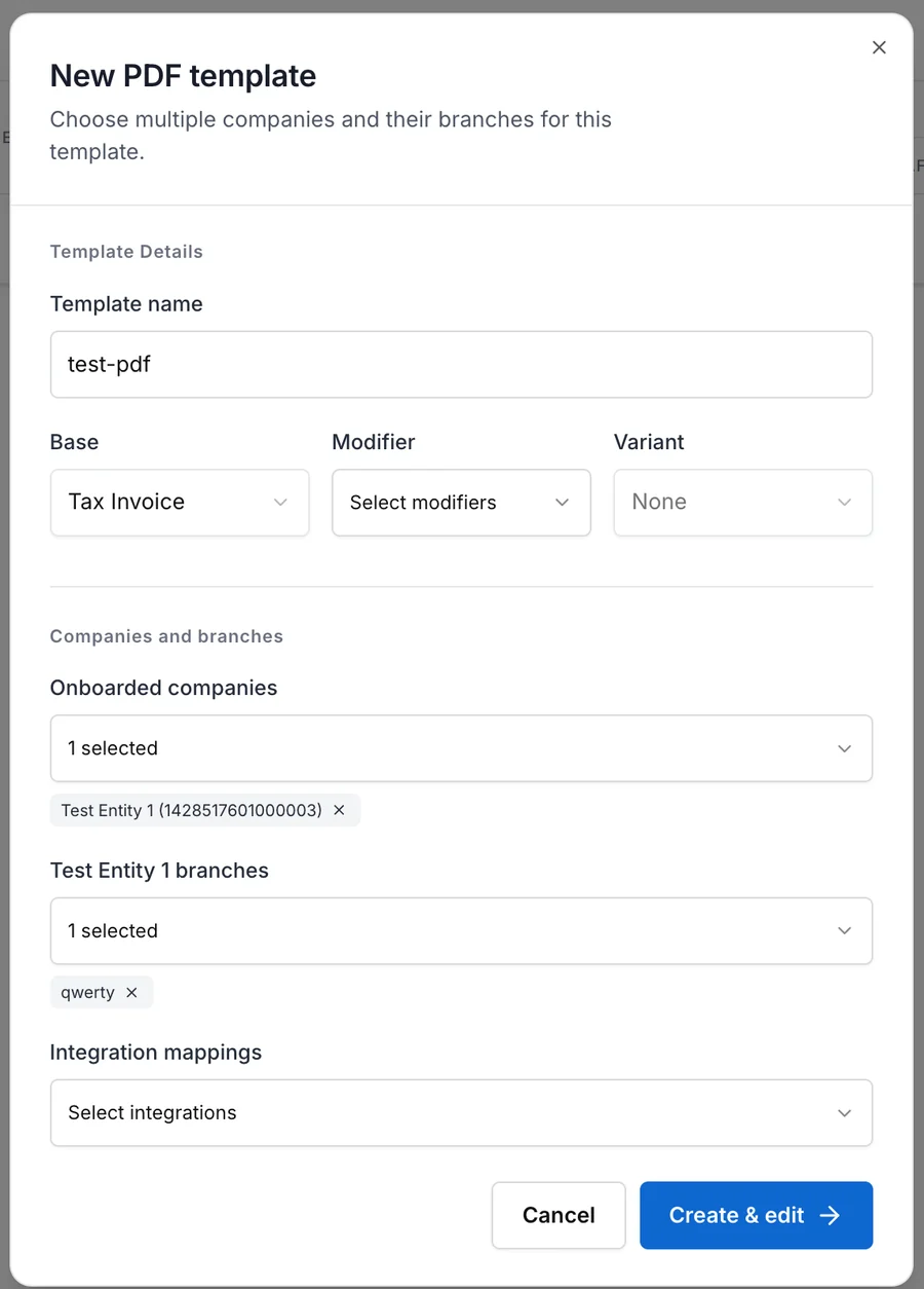 The New PDF template dialog with a template name, Base, Modifier and Variant controls, followed by company, branch and integration selections and a Create and edit button.