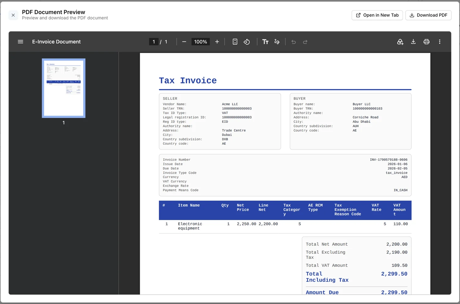 PDF Document Preview showing a tax invoice, with Open in New Tab and Download PDF controls above the rendered document.
