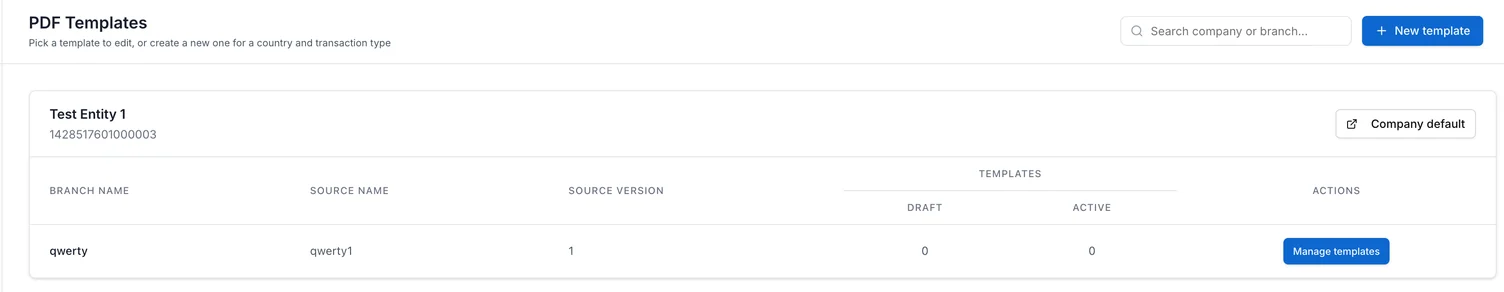The PDF Templates page for Test Entity 1. Its branch row shows the source, source version, Draft and Active template counts, and a Manage templates button. Company default and New template controls appear above the list.
