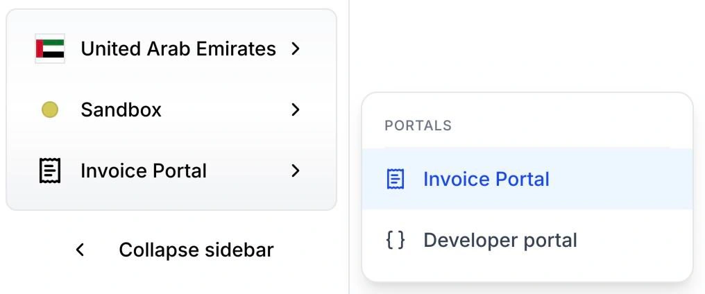 The three switchers at the bottom of the sidebar, showing United Arab Emirates, Sandbox and Invoice Portal, with the PORTALS menu open beside them.