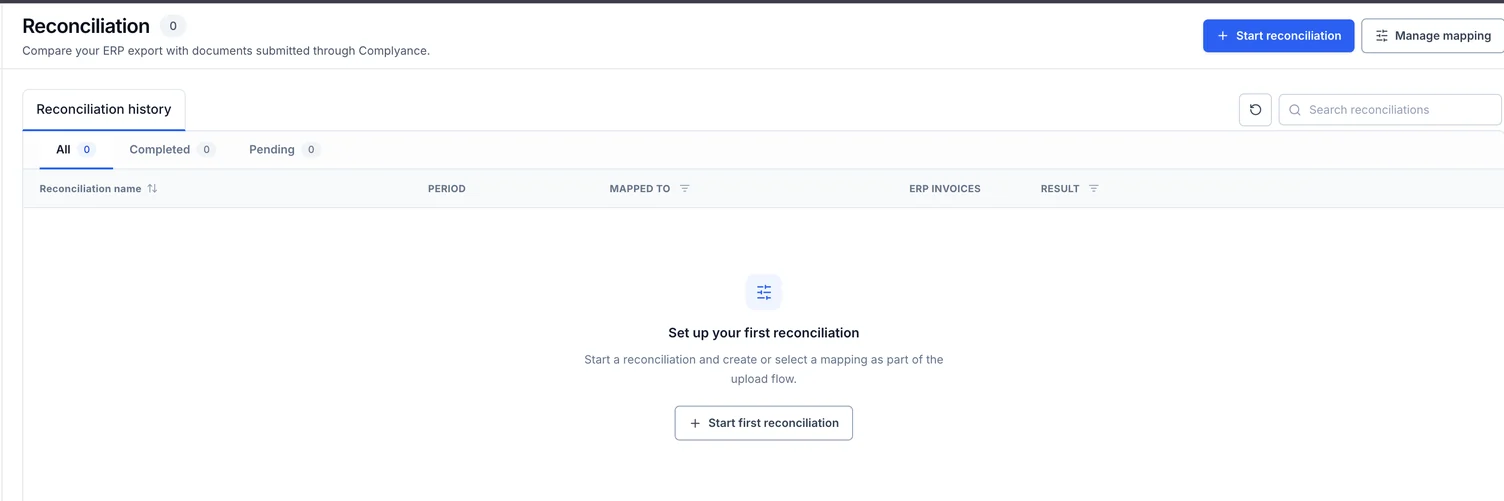 An empty Reconciliation history page with Start reconciliation and Manage mapping controls above the history table. A first-run message and Start first reconciliation button appear in the centre.