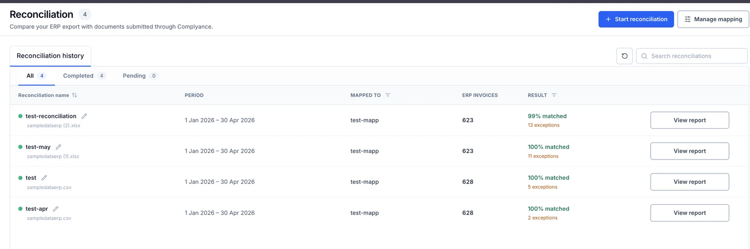 Reconciliation history with four completed runs. Each row shows its period, saved mapping, ERP invoice count, match percentage, exception count and a View report button.