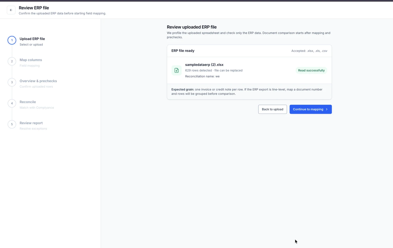 The Review uploaded ERP file page showing an XLSX file read successfully, 629 rows detected, the reconciliation name, the expected row layout, and Back to upload and Continue to mapping buttons.
