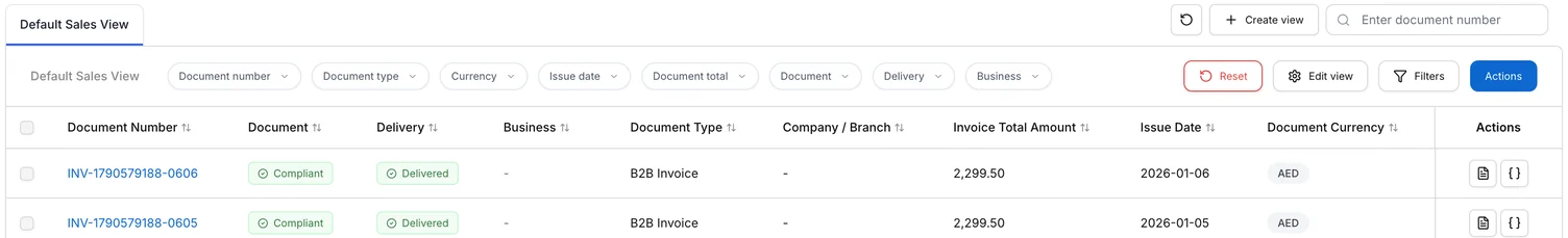 The Sales Documents table with two compliant, delivered invoices. The Actions column contains a document icon for View PDF and a braces icon for View XML.