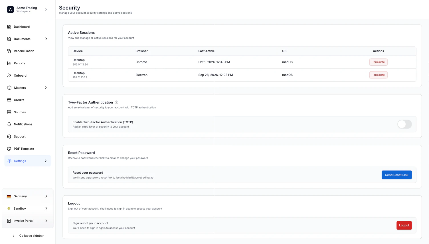 The Security page. Active Sessions lists two desktop sessions with their browser, last active time, operating system and a Terminate button. Below are Two-Factor Authentication, Reset Password and Logout.
