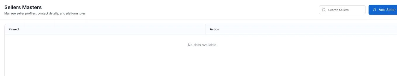The Sellers Masters page with a Search Sellers field, an Add Seller button and an empty records table.