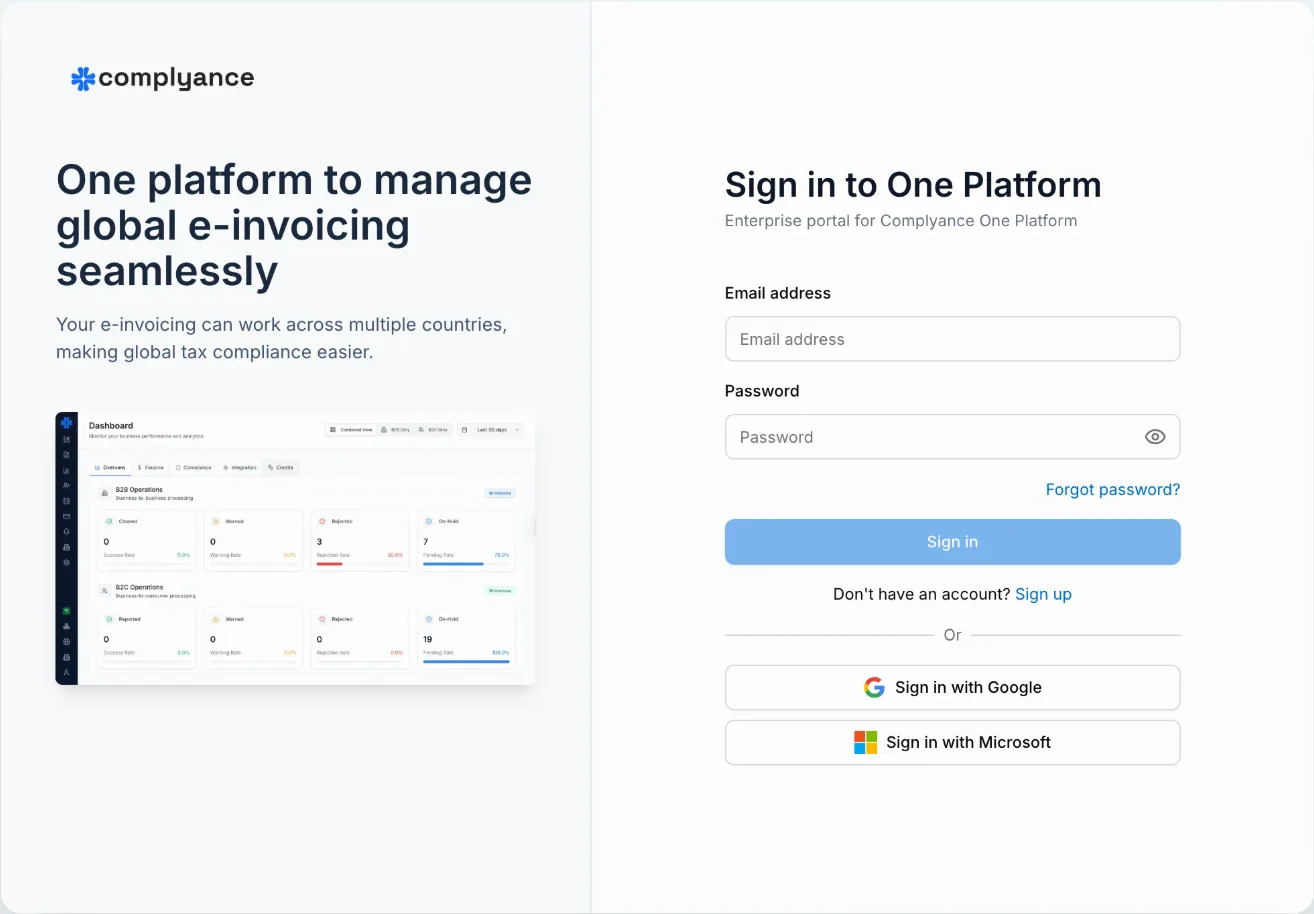 The One Platform sign-in page, with a Sign up link below the Sign in button and buttons for Google and Microsoft.