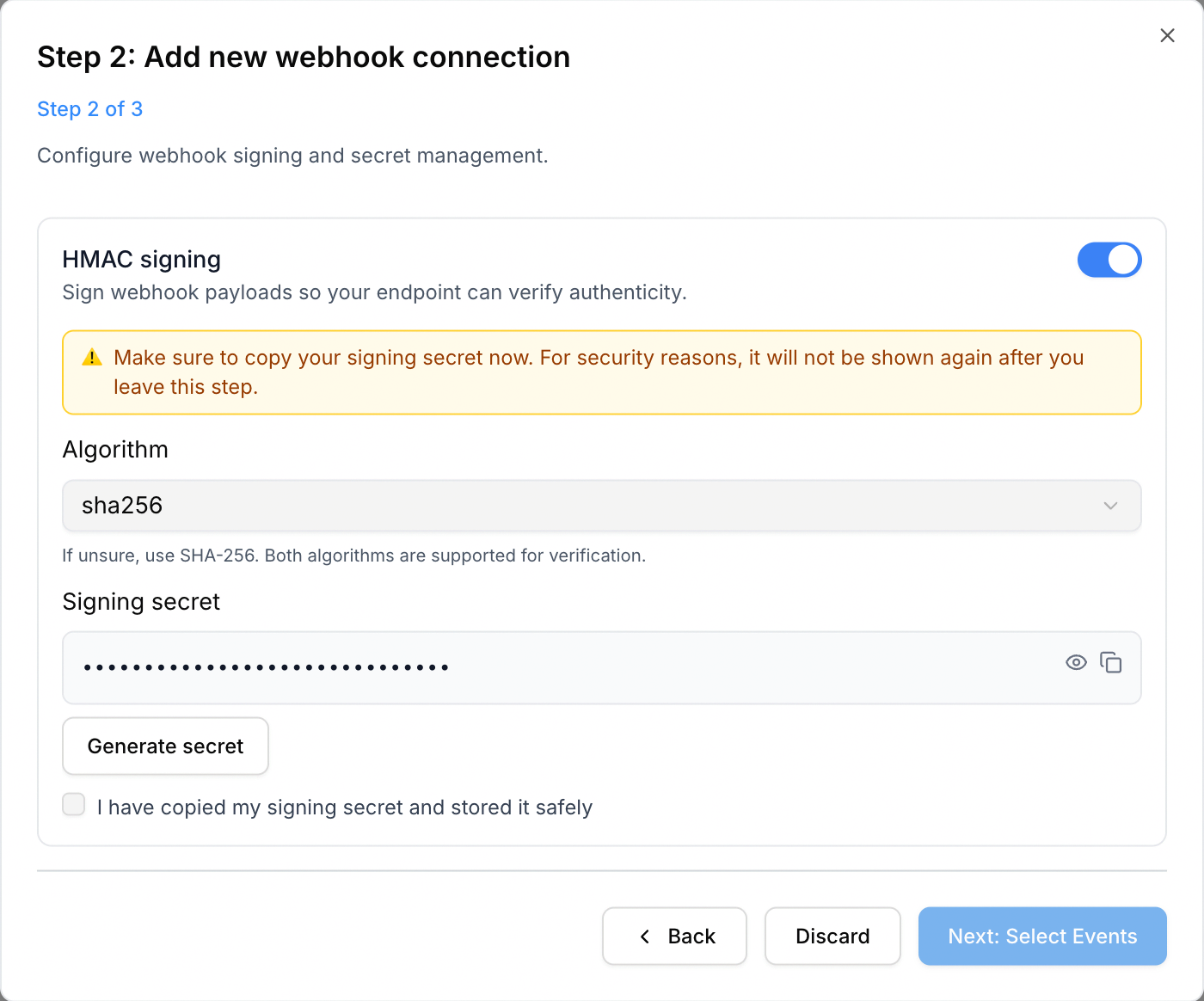 HMAC signing enabled with sha256 selected and the signing secret masked.