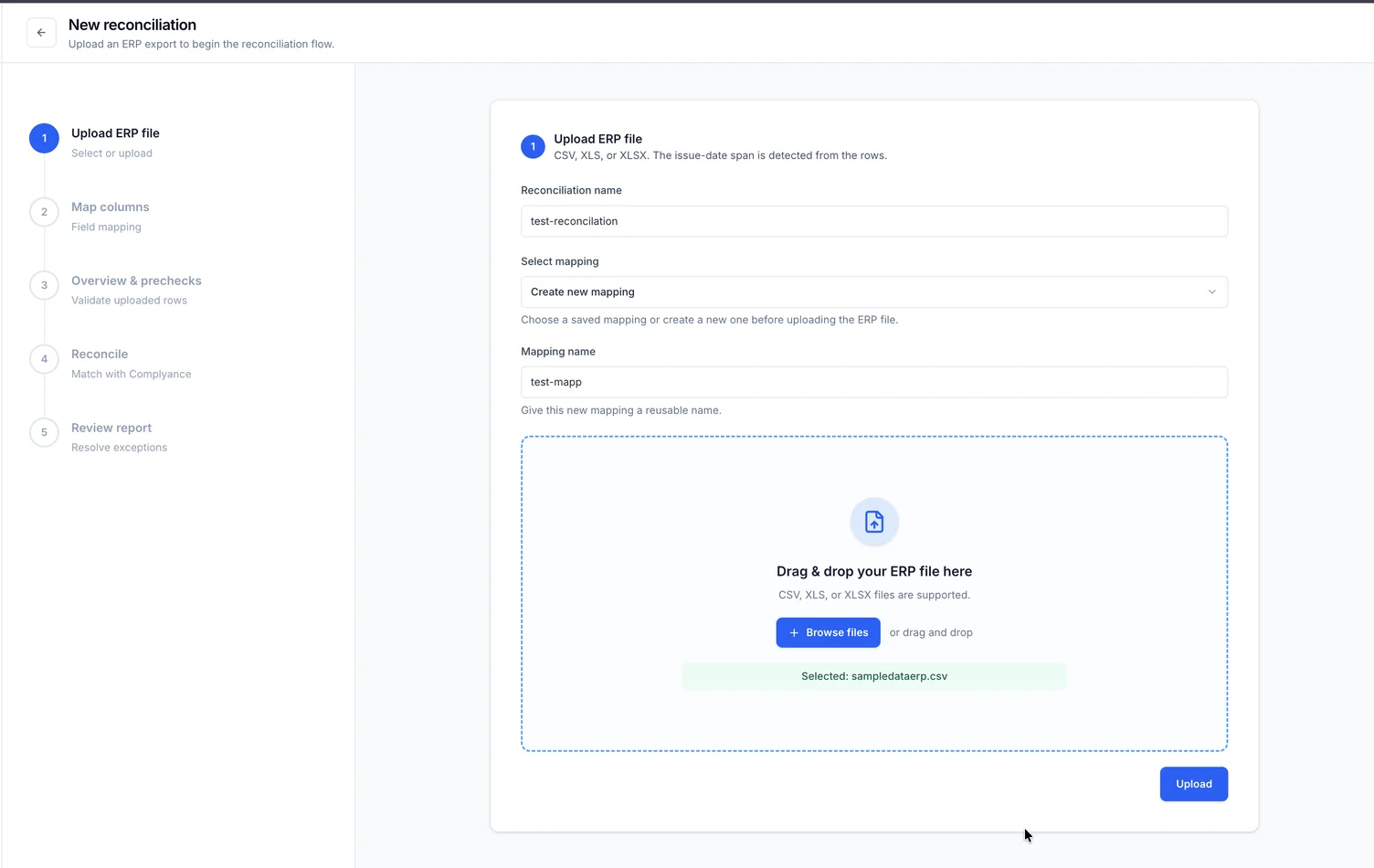 The New reconciliation upload step with a reconciliation name, Create new mapping selected, a mapping name and an ERP CSV file selected in the upload area.