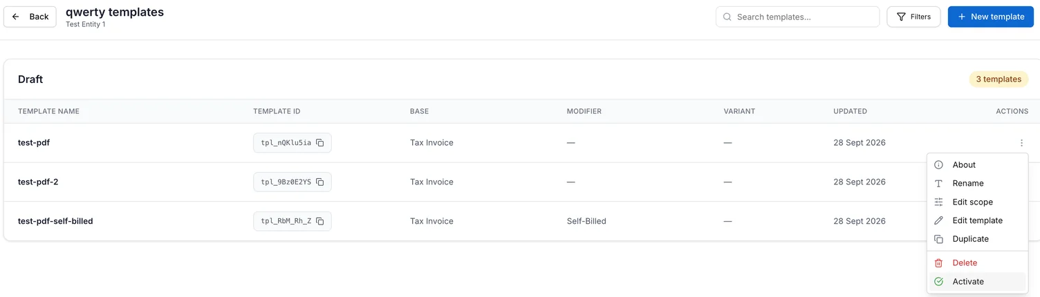 A Draft template list with the actions menu open. The available actions are About, Rename, Edit scope, Edit template, Duplicate, Delete and Activate.