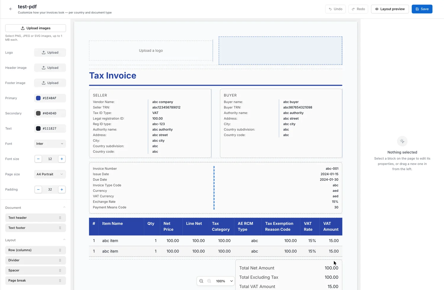 The PDF template editor. Template-wide controls and draggable blocks appear on the left, the invoice page is in the centre, and the selected block's properties appear on the right. Undo, Redo, Layout preview and Save controls are above the page.