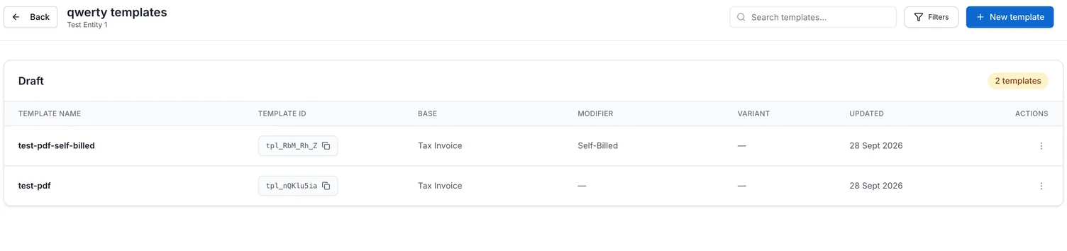 The qwerty branch template list with two Draft templates. Each row shows the template name, a copyable Template ID, Base, Modifier, Variant, updated date and an actions menu.