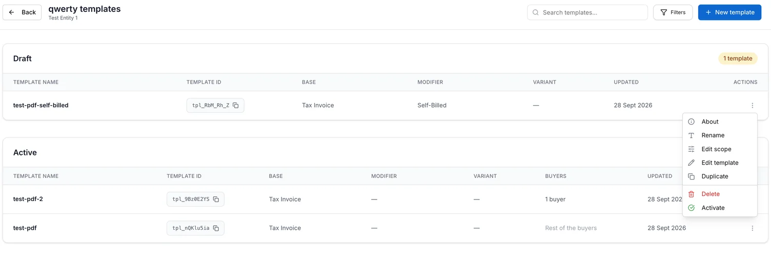 The branch template list with separate Draft and Active sections. The Draft section contains a Self-Billed template, while the Active section contains one buyer-specific template and one Rest of the buyers template. A Draft actions menu is open.