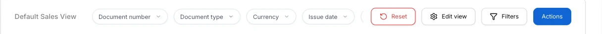The toolbar above the list: quick filters for document number, document type, currency and issue date, then Reset, Edit view, Filters and Actions.