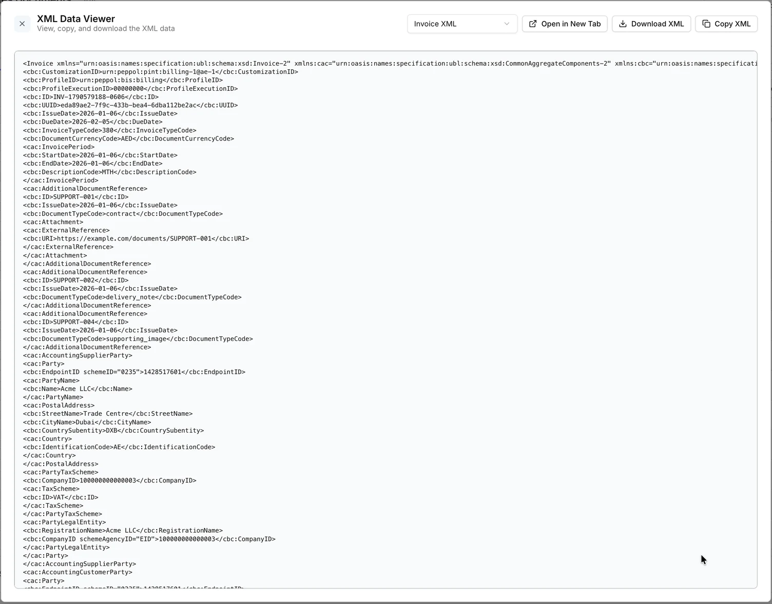 XML Data Viewer with Invoice XML selected, formatted invoice XML below it, and controls to open, download or copy the XML.