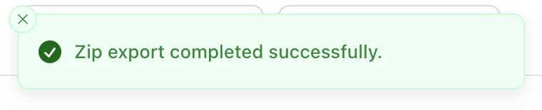A success message says Zip export completed successfully.
