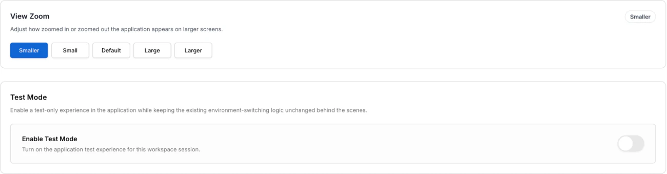 The View Zoom options, from Smaller to Larger, above the Test Mode section with its Enable Test Mode switch turned off.